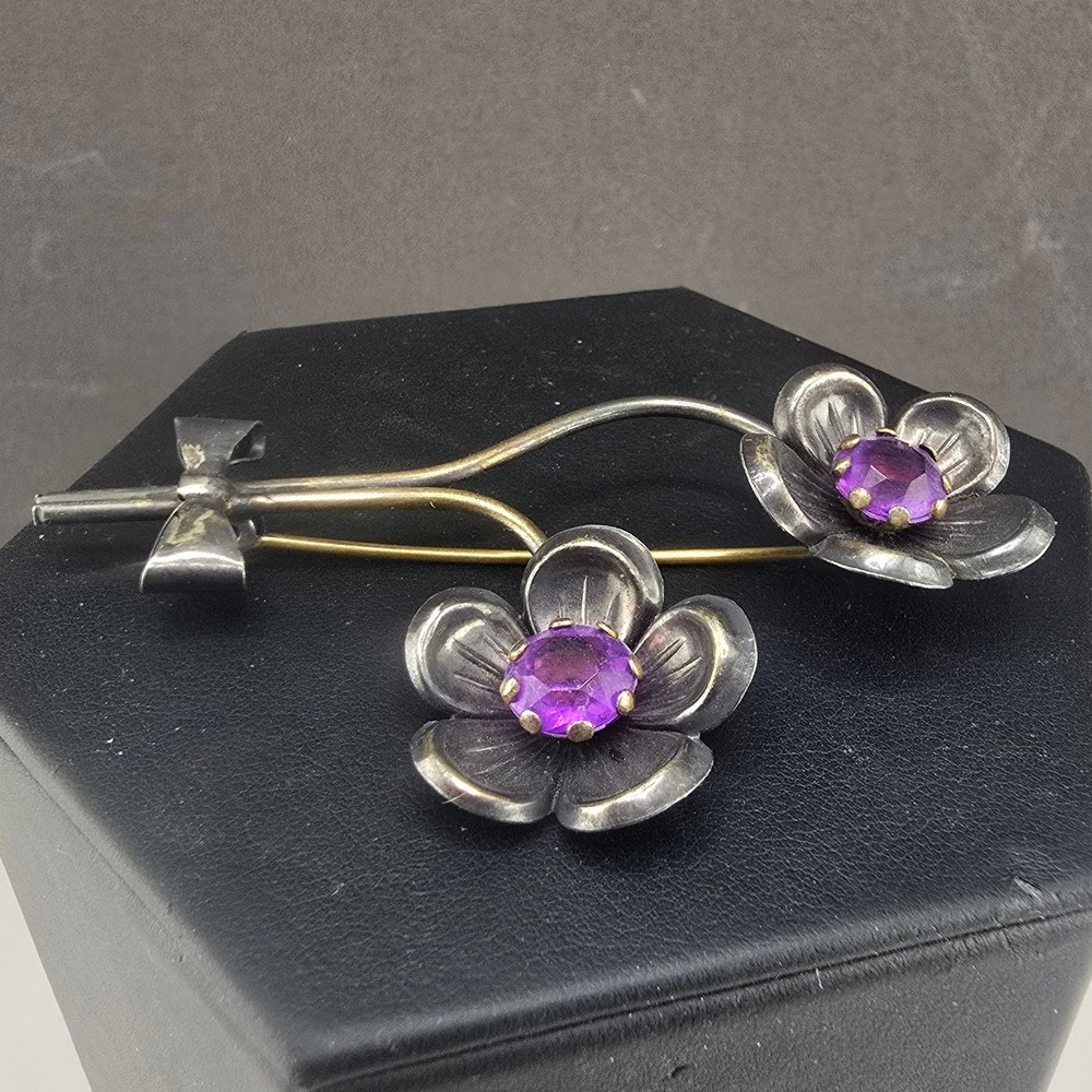 Vintage Estate Brooch Purple Floral Bow Two Tone Pin